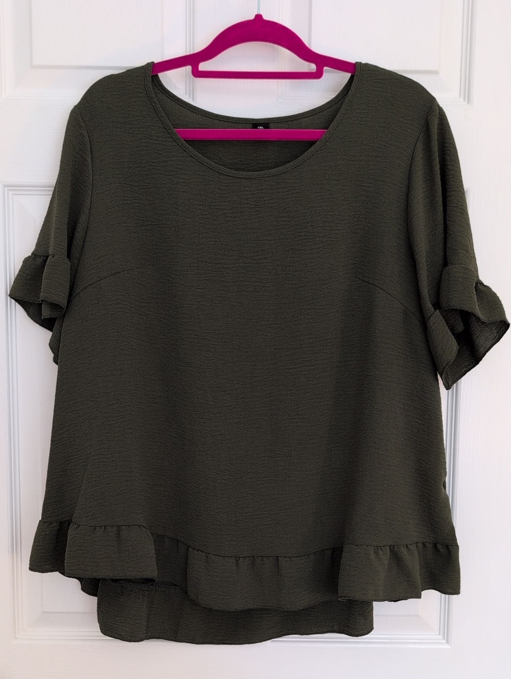 Women's Olive Ruffle-Hem Short Sleeve Top